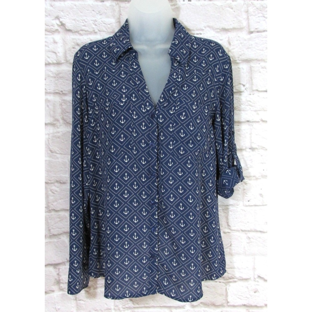 Express The Portofino Shirt Anchor Print Navy Large Beach Cruise Resort Nautical